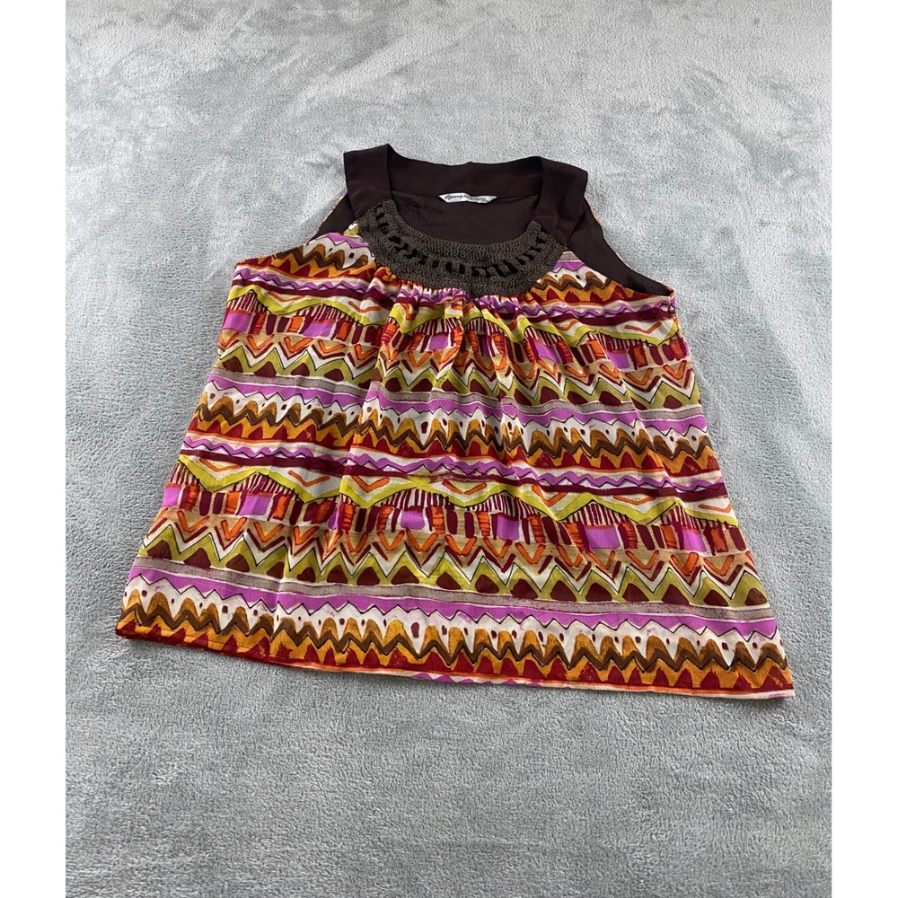 Signature by Larry Levine Petite Brown Geometric Crochet Neck Sleeveless Blouse
